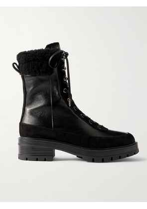 Aquazzura - Very Cortina 20 Shearling-lined Suede-trimmed Glossed Textured-leather Combat Boots - Black - IT35.5,IT36,IT36.5,IT37,IT37.5,IT38,IT38.5,IT39,IT39.5,IT40,IT40.5,IT41