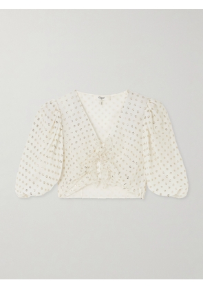Chloé - Cropped Ruffled Gathered Metallic Polka-dot Silk-blend Top - Ivory - FR 34,FR 36,FR 38,FR 40,FR 42,FR 44