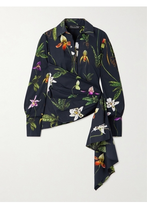 Oscar de la Renta - Asymmetric Floral-print Cotton-blend Poplin Shirt - Blue - US0,US2,US4,US6,US8,US10