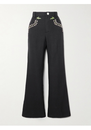 ALIX OF BOHEMIA - Bunny Embroidered Wool-twill Flared Pants - Black - US0,US2,US4,US6,US8,US10,US12