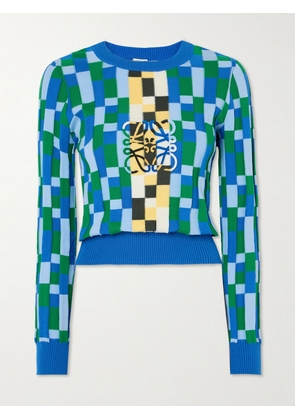 LOEWE - Anagram Appliquéd Checked Intarsia Cotton Sweater - Blue - x small,small,medium,large