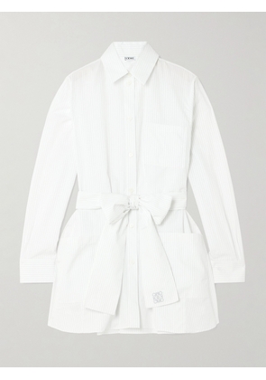 LOEWE - Belted Embroidered Pinstriped Cotton-poplin Shirt - White - FR 32,FR 34,FR 36,FR 38,FR 40,FR 42,FR 44