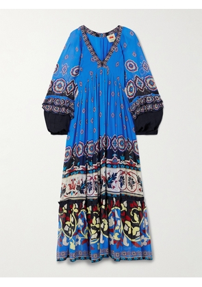 Farm Rio - Ainika Gathered Printed Georgette Maxi Dress - Blue - xx small,x small,small,medium,large,x large