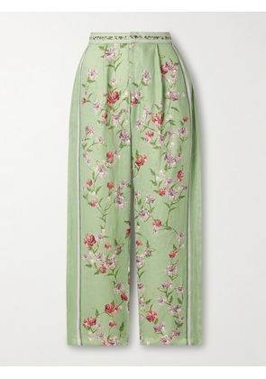 Agua by Agua Bendita - Florecer Honeysuckle Pleated Embroidered Floral-print Linen Tapered Pants - Green - x small,small,medium,large,x large