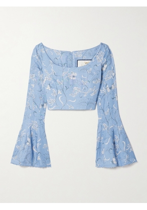 Agua by Agua Bendita - Limoncillo Lymanopoda Cropped Bead-embellished Printed Linen Top - Blue - x small,small,medium,large,x large