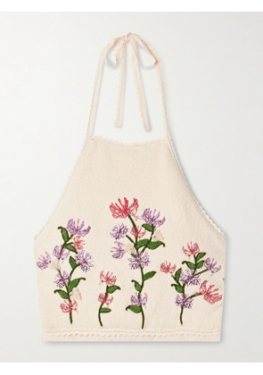 Agua by Agua Bendita - Carlota Honeysuckle Cropped Appliquéd Embroidered Cotton-blend Bouclé Halterneck Top - Cream - x small,small,medium,large,x large