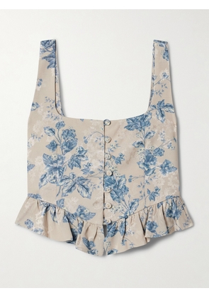 Agua by Agua Bendita - Eslabon Bougainvillea Cropped Ruffled Floral-print Satin-jacquard Top - Blue - x small,small,medium,large,x large