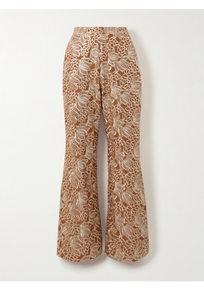 Dima Ayad - Embroidered Satin Straight-leg Pants - Brown - XS,S,M,L,XL,XXL,XXXL
