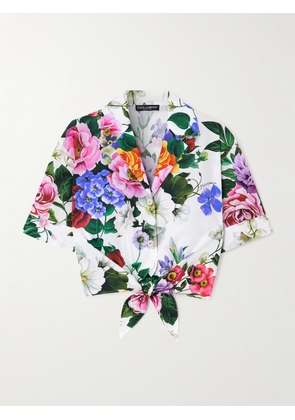 Dolce & Gabbana - Knotted Cropped Floral-print Cotton-poplin Shirt - White - IT36,IT38,IT40,IT42,IT44,IT46,IT48,IT50