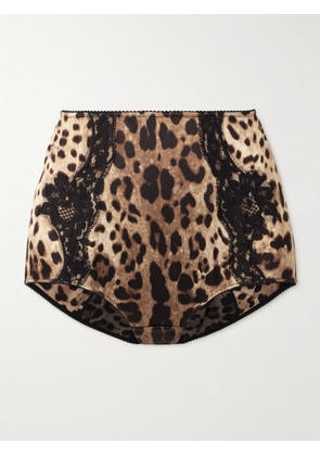 Dolce & Gabbana - Lace-trimmed Leopard-print Silk-blend Satin Briefs - Animal print - 1,2,3,4