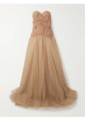 Costarellos - Edra Embellished Crinkled Chiffon And Tulle Gown - Neutrals - FR 34,FR 36,FR 38,FR 40,FR 42,FR 44,FR 46