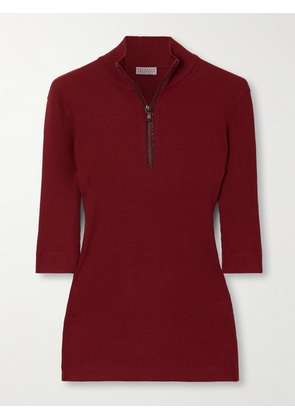 Brunello Cucinelli - Bead-embellished Ribbed Wool Turtleneck Top - Red - xx small,x small,small,medium,large,x large,xx large