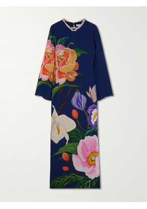 Borgo de Nor - Capucine Embellished Floral-print Crepe De Chine Maxi Dress - Blue - UK 6,UK 8,UK 10,UK 12,UK 14,UK 16,UK 18