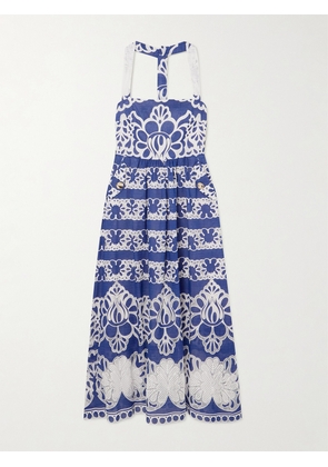 Borgo de Nor - Mavaro Lace-trimmed Embroidered Cotton-blend Midi Dress - Blue - UK 6,UK 8,UK 10,UK 12,UK 14,UK 16,UK 18