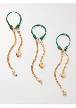 Martha Calvo - Initial Gold-plated And Silk-cord Bag Charm - Green - A,B,C,D,E,F,G,H,I,J,K,L,M,N,O,P,R,S,T,U,V,W,X,Y