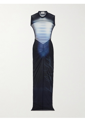 Jean Paul Gaultier - Le Mâle Gathered Printed Stretch-mesh Maxi Dress - Blue - xx small,x small,small,medium,large,x large,xx large