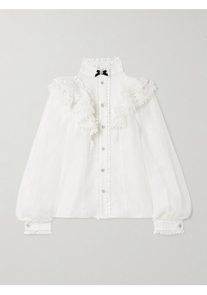 Zimmermann - Crush Crystal-embellished Guipure Lace-trimmed Ruffled Linen And Silk-blend Organza Shirt - Ivory - 00,1,2,3,4