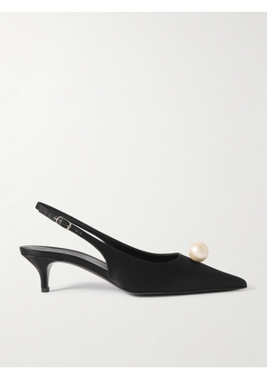 Magda Butrym - Faux Pearl-embellished Silk-satin Slingback Pumps - Black - IT35,IT36,IT37,IT38,IT39,IT40,IT41