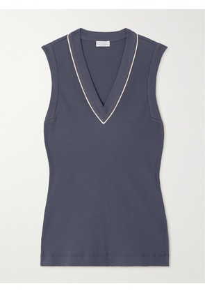 Brunello Cucinelli - Bead-embellished Ribbed Cotton-blend Tank - Blue - xx small,x small,small,medium,large,x large,xx large