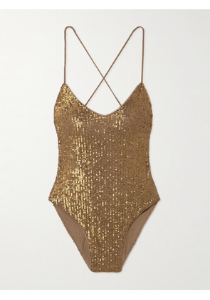 Norma Kamali - Fara Open-back Sequined Mesh Bodysuit - Gold - x small,small,medium,large,x large