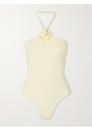 Maygel Coronel - Agapi Floral-appliquéd Ruched Halterneck Swimsuit - Yellow - Petite,One Size,Extended