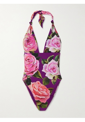 Dolce & Gabbana - Embellished Floral-print Knotted Halterneck Swimsuit - Purple - 1,2,3,4,5