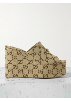 Gucci - Carmen Horsebit-embellished Canvas-jacquard Wedge Mules - Neutrals - IT36,IT36.5,IT37,IT37.5,IT38,IT38.5,IT39,IT39.5,IT40,IT40.5,IT41,IT41.5