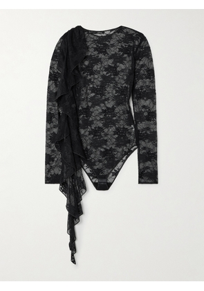 Oséree - Ruffled Stretch-lace Bodysuit - Black - small,medium,large,x large