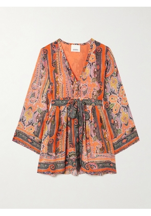 Isabel Marant - Morgane Belted Eyelet-embellished Paisley-print Silk-chiffon Mini Dress - Orange - FR 34,FR 36,FR 38,FR 40,FR 42,FR 44