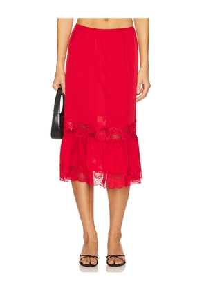 Frankies Bikinis Hideaway Satin Midi Skirt in Red. Size S. Also in XXS, XS.