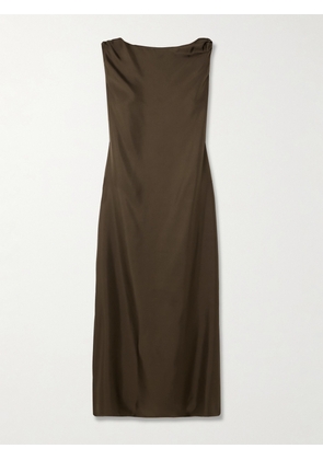 Loulou de Saison - Moun Knotted Draped Silk-twill Midi Dress - Brown - x small,small,medium,large,x large