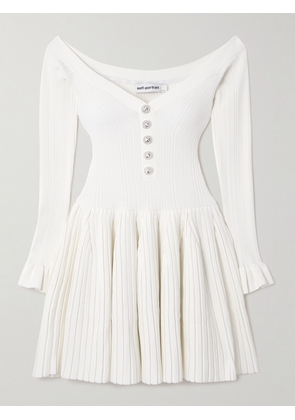Self-Portrait - Off-the-shoulder Pleated Ribbed-knit Mini Dress - White - x small,small,medium,large