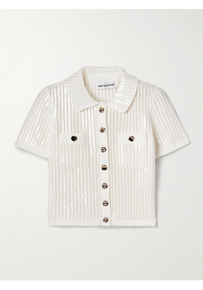 Self-Portrait - Cropped Sequined Crocheted Cotton And Cashmere-blend Shirt - White - x small,small,medium,large