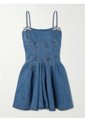 Self-Portrait - Embellished Paneled Denim Mini Dress - Blue - UK 4,UK 6,UK 8,UK 10,UK 12,UK 14,UK 16