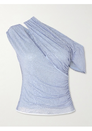 Self-Portrait - One-shoulder Asymmetric Crystal-embellished Mesh Top - Blue - UK 4,UK 6,UK 8,UK 10,UK 12,UK 14,UK 16