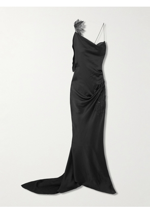 Victoria Beckham - Asymmetric Draped Sequin-embellished Lace-trimmed Satin Gown - Black - UK 4,UK 6,UK 8,UK 10,UK 12,UK 14
