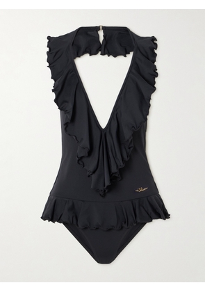 Chloé - Embellished Ruffled Halterneck Swimsuit - Black - FR 34,FR 36,FR 38,FR 40,FR 42,FR 44,FR 46
