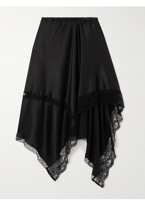 Dries Van Noten - Asymmetric Lace-trimmed Silk-blend Satin Midi Skirt - Black - FR 34,FR 36,FR 38,FR 40,FR 42,FR 44