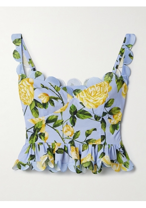 Oscar de la Renta - Cropped Scalloped Floral-print Cotton-blend Poplin Top - Blue - US0,US2,US4,US6,US8,US10