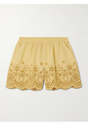 La DoubleJ - Scalloped Broderie Anglaise-trimmed Cotton-poplin Shorts - Yellow - xx small,x small,small,medium,large,x large,xx large