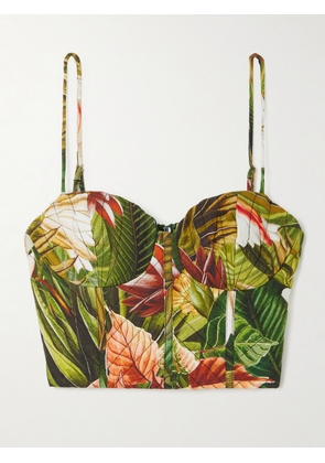 Farm Rio - Botanical Forest Cropped Floral-print Linen-blend Top - Green - xx small,x small,small,medium,large,x large