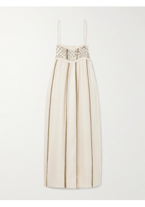 ALIX OF BOHEMIA - Eden Frayed Embellished Striped Cotton-blend Gauze Midi Dress - Ecru - x small,small,medium,large,x large