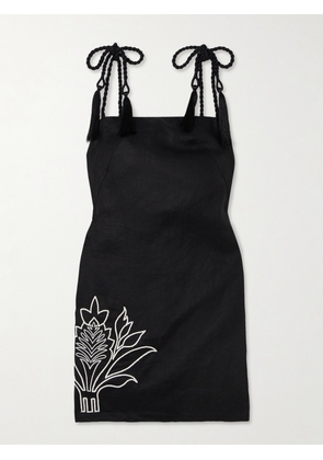 Andres Otalora - Haath Tasseled Embroidered Linen Mini Dress - Black - x small,small,medium,large,x large
