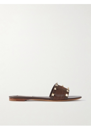 Valentino Garavani - Rockstud Raffia And Leather Slides - Brown - IT36,IT36.5,IT37,IT37.5,IT38,IT38.5,IT39,IT39.5,IT40,IT40.5,IT41,IT41.5,IT42