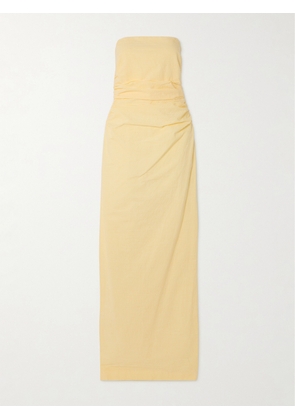 BERNADETTE - Vera Strapless Ruched Striped Cotton-seersucker Maxi Dress - Yellow - FR 32,FR 34,FR 36,FR 38,FR 40,FR 42,FR 44