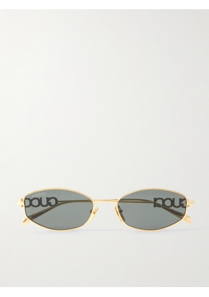 GUCCI EYEWEAR - Lettering Oval-frame Crystal-embellished Gold-tone Sunglasses - One size