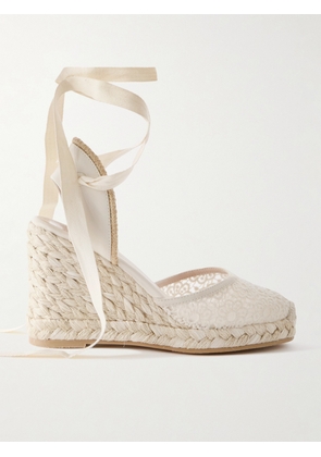 Stuart Weitzman - Marguerita Grosgrain-trimmed Leather And Crocheted Wedge Espadrilles - Ivory - US5,US5.5,US6,US6.5,US7,US7.5,US8,US8.5,US9,US9.5,US10,US10.5,US11,US11.5,US12