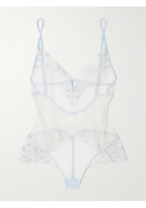 Kiki de Montparnasse - Mathilde Silk-blend Satin-trimmed Embroidered Tulle Thong Bodysuit - Ivory - x small,small,medium,large