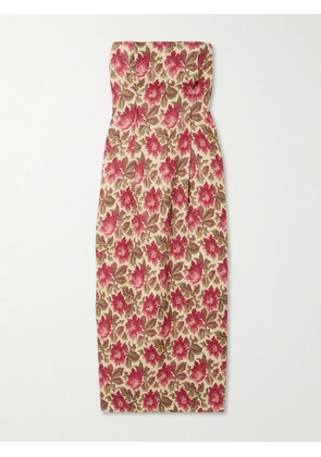 Posse - Rosalie Strapless Pintucked Floral-print Linen Midi Dress - Red - xx small,x small,small,medium,large,x large