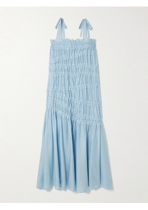 Tory Burch - Tie-detailed Smocked Lyocell-blend Midi Dress - Blue - x small,small,medium,large,x large